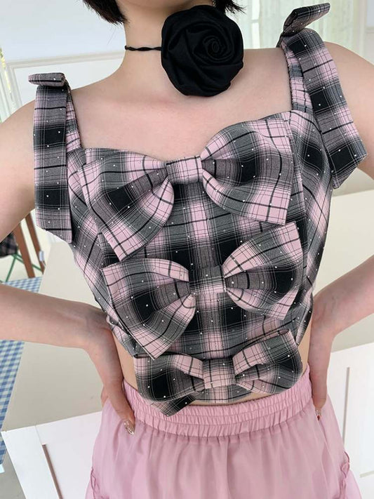 Ribbon Rhinestone Plaid Suspenders Bustier【s0000007373】