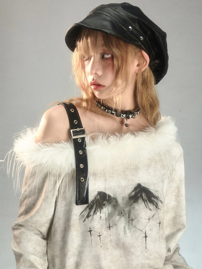 Punk Fur Suspender Belt Off Shoulder Feather Print T-Shirt【s0000003877】