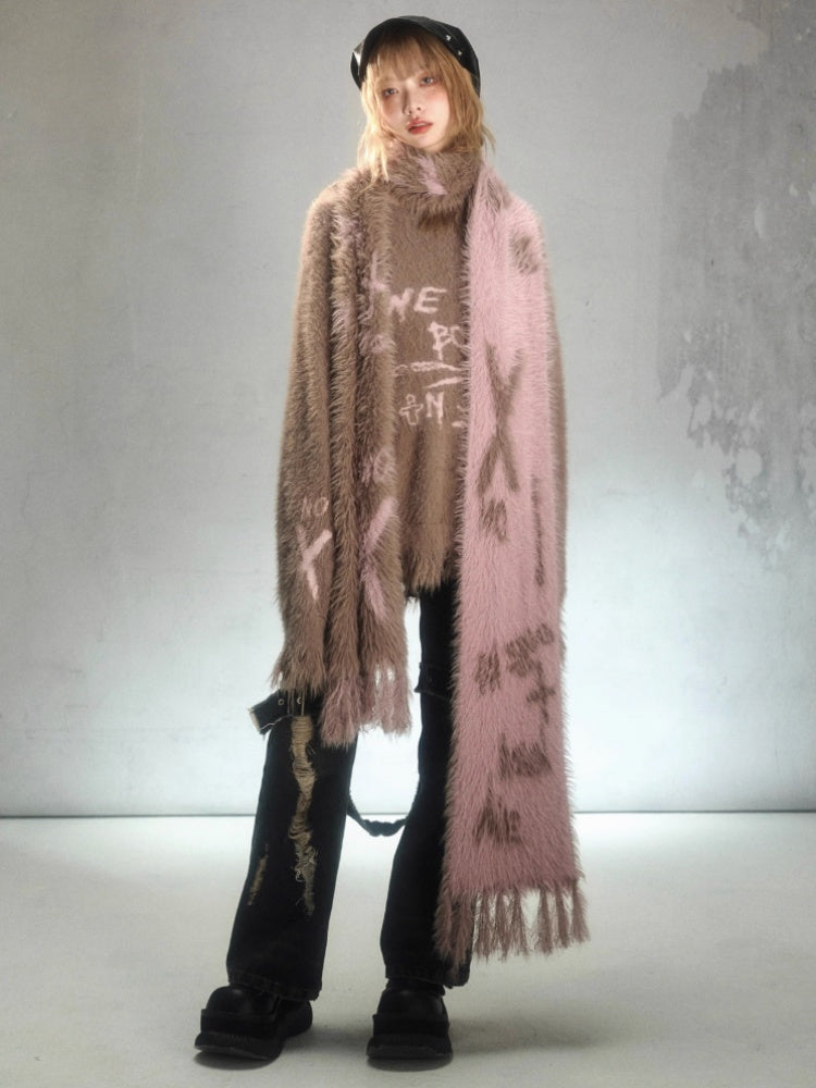 Punk Graffiti Mink Lazy Super Long Knit Scarf [s0000003879]