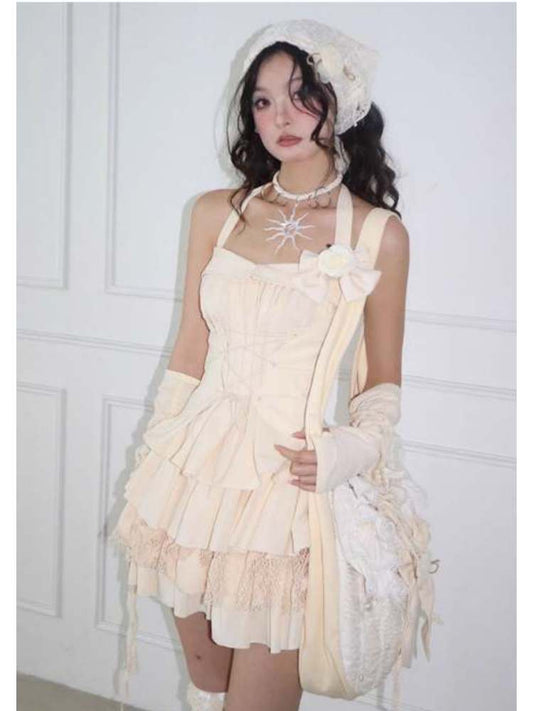 Lace-Up Halter Neck Tops & Shirring Waist Tiered Skirt【s0000008148】