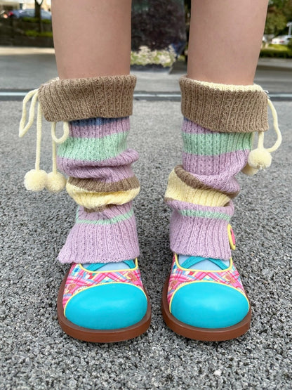 Colorful Stripes Pom Pom Ribbon Mid-Calf Socks【s0000003554】