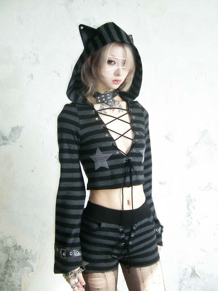 Cat Ears Border Lace Up Hoodie &amp; Short Pants【s0000007895】