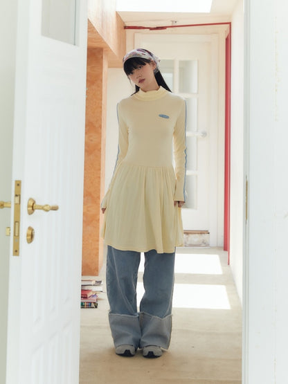 High Neck Stretch Knit Sports Mix Line Sleeve Dress【s0000003575】