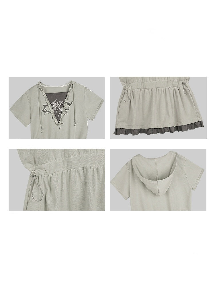 Graffiti Print Fake Layered Frill Drawstring Dress【s0000011930】