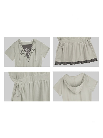 Graffiti Print Fake Layered Frill Drawstring Dress【s0000011930】