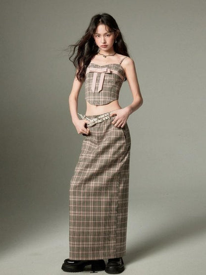 Plaid bow tube top and A-line skirt【s0000003279】