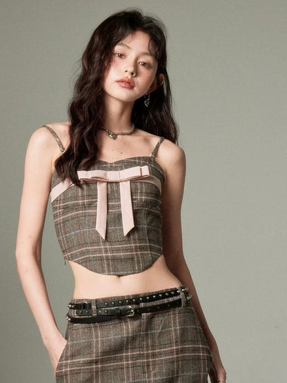 Plaid bow tube top and A-line skirt【s0000003279】