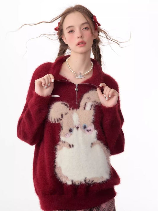 Half High Neck Plush Rabbit Red Sweater【s0000006166】