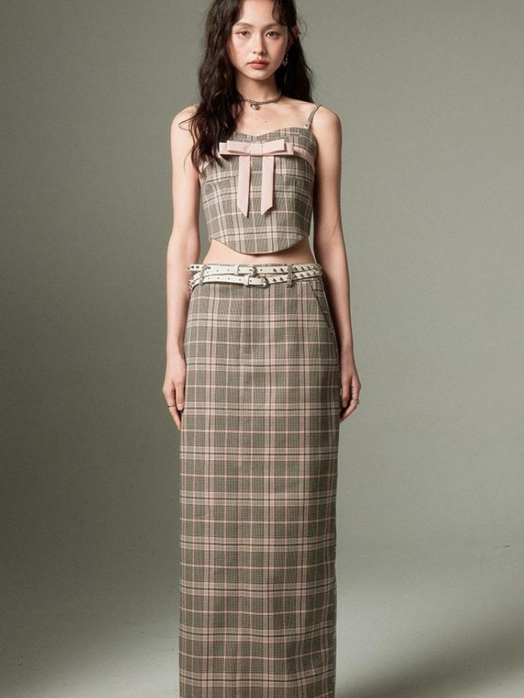 Plaid bow tube top and A-line skirt【s0000003279】