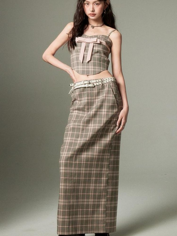 Plaid bow tube top and A-line skirt【s0000003279】