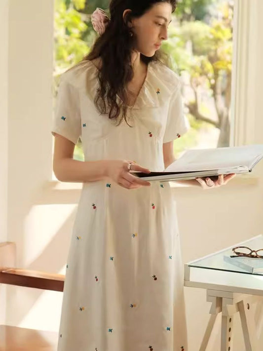 Embroidery Lace Neck Romantic White Maxi Dress【s0000007491】