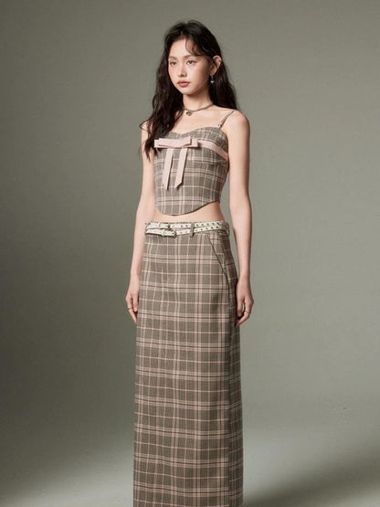 Plaid bow tube top and A-line skirt【s0000003279】