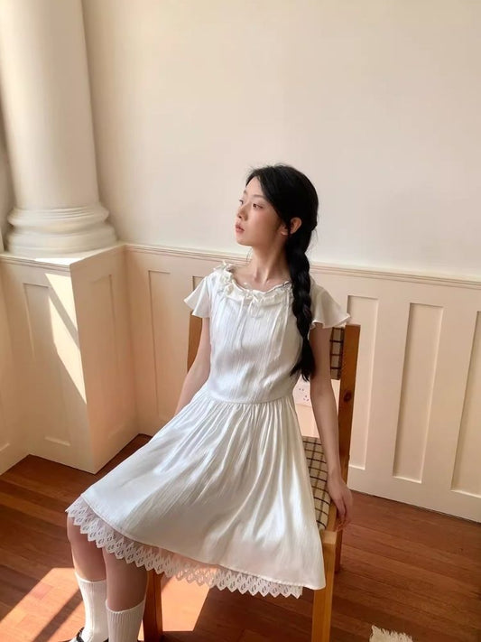 Pearl White Glossy Dash Sleeve Dress【s0000007927】