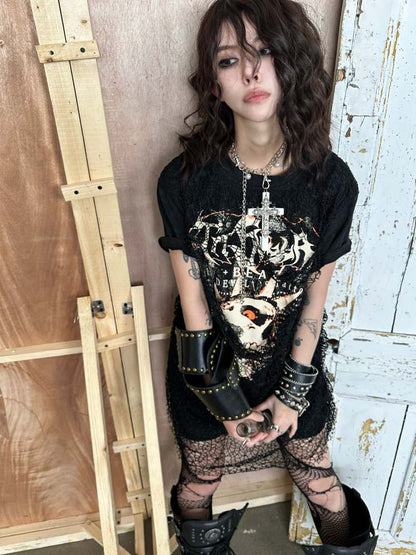 Batik Skull Print Fake Two Piece Mesh Punk Tee【s0000008302】