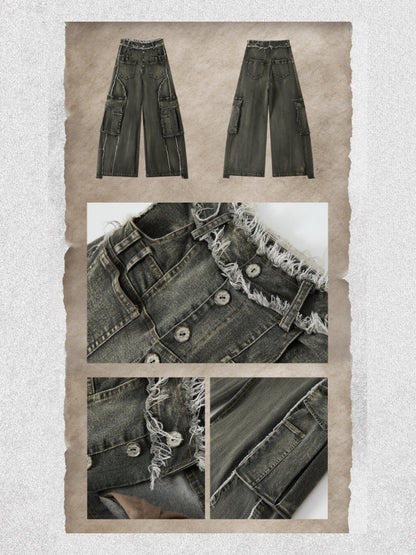 Vintage Washed Patchwork Pocket Wide-Leg Jeans【s0000018395】