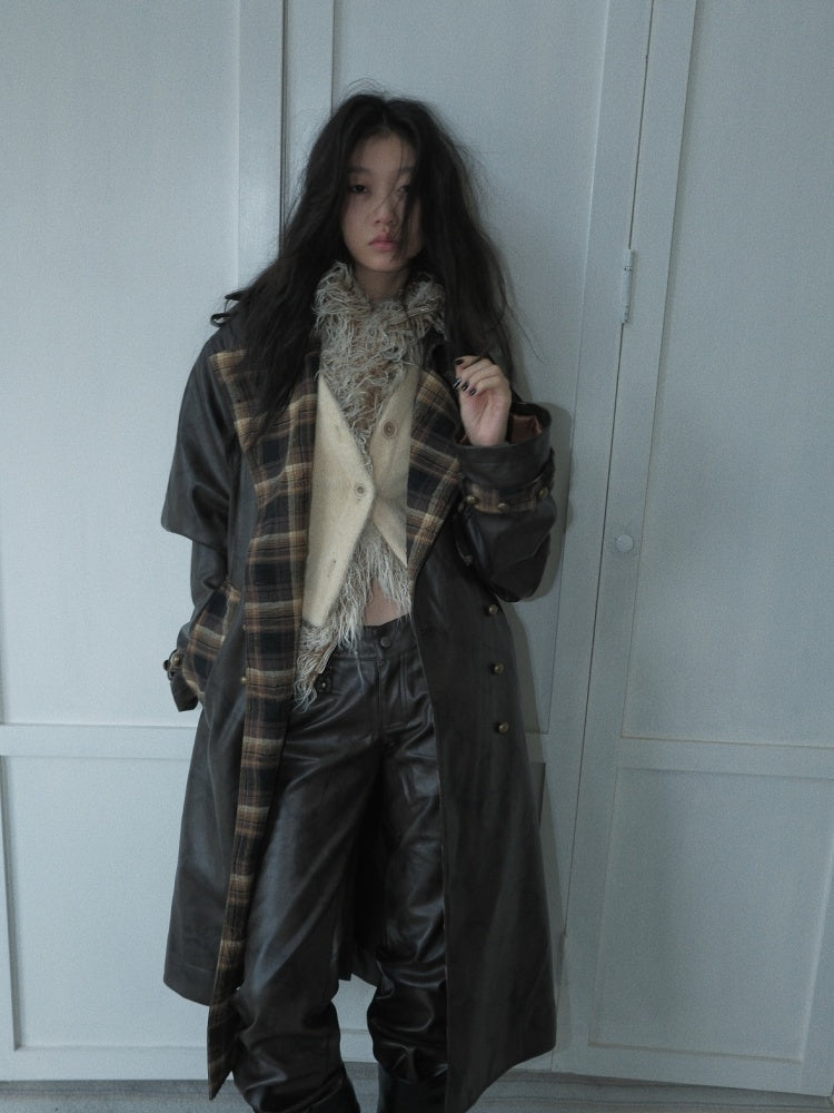 Plaid Splicing PU Leather Double Breasted Long Jacket【s0000004160】