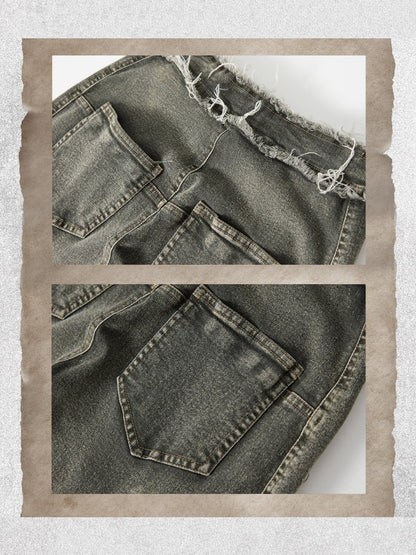 Vintage Washed Patchwork Pocket Wide-Leg Jeans【s0000018395】
