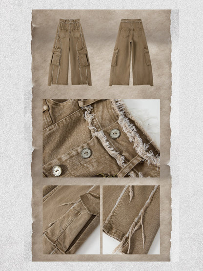Vintage Washed Patchwork Pocket Wide-Leg Jeans【s0000018395】