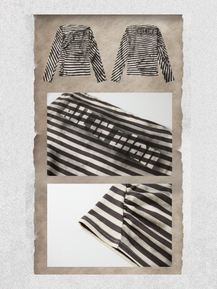 Asymmetric Striped Off-Shoulder  Bat Long Sleeve Cinched Waist T-Shirt【s0000018396】