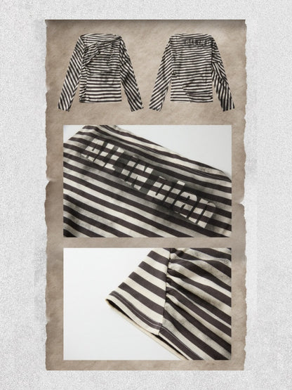 Asymmetric Striped Off-Shoulder  Bat Long Sleeve Cinched Waist T-Shirt【s0000018396】