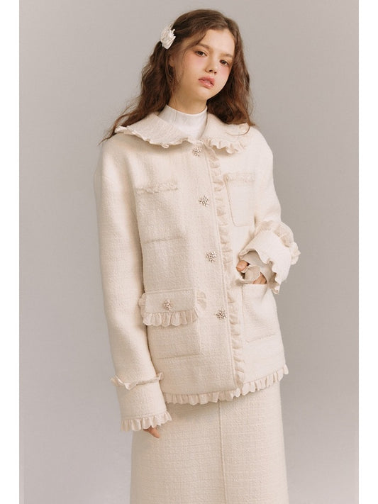 Wool Weave Lazy Bouquet Button Frills Jacket &amp; Skirt【s0000003857】