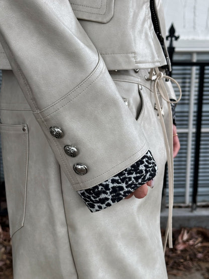 Leopard Pattern Splicing Leather Jacket &amp; Wide Pants【s0000004172】