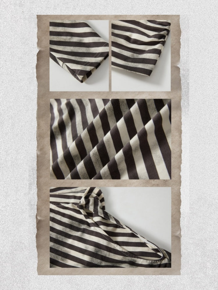 Asymmetric Striped Off-Shoulder  Bat Long Sleeve Cinched Waist T-Shirt【s0000018396】