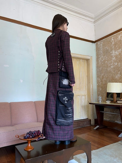 Plaid Zipper Short Jacket &amp; Patch Pocket Long Skirt【s0000003884】