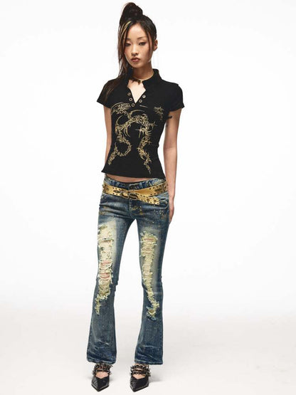 Back Open Gold Print Ribbon T-Shirt [S0000009013]