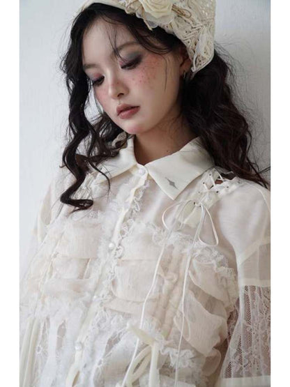 Lace-Up Crosses Embroidery Chiffon Lace Trim Shirt [s0000008151]