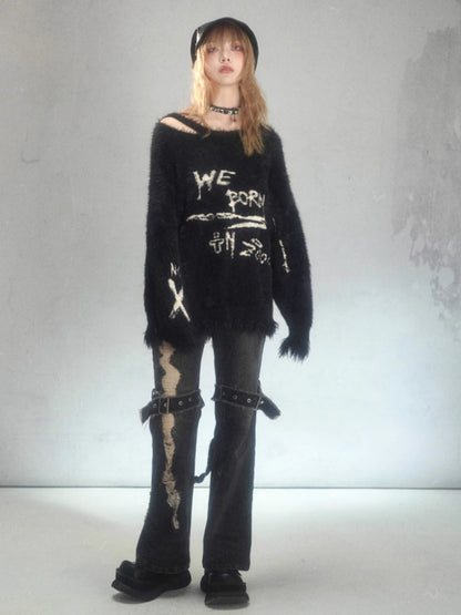 Punk Graffiti Jacquard Mink Lazy Pullover Sweater Black [s0000003881]