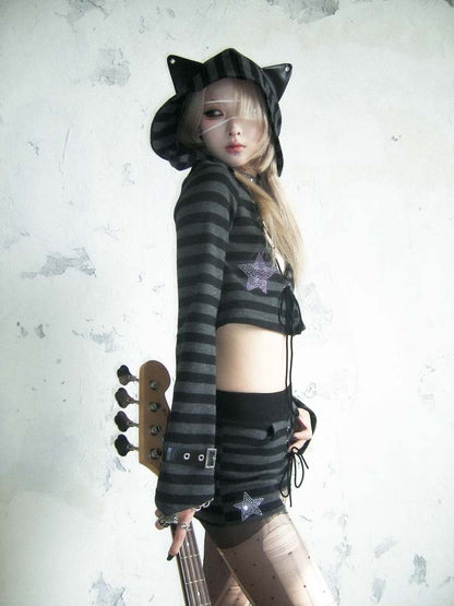 Cat Ears Border Lace Up Hoodie &amp; Short Pants【s0000007895】