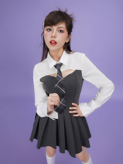 College Style Faux Two Piece Shirt Dress &amp; Tie【s0000003846】