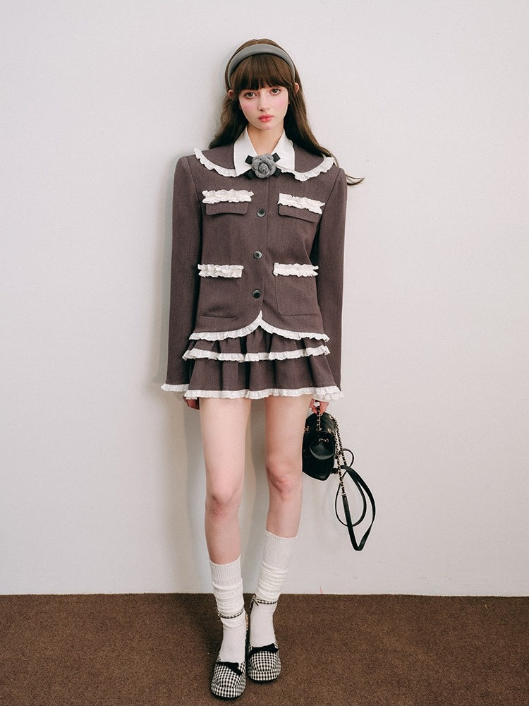 Lace Stitch College Taste Jacket &amp; Puffy Mini Skirt【s0000003853】