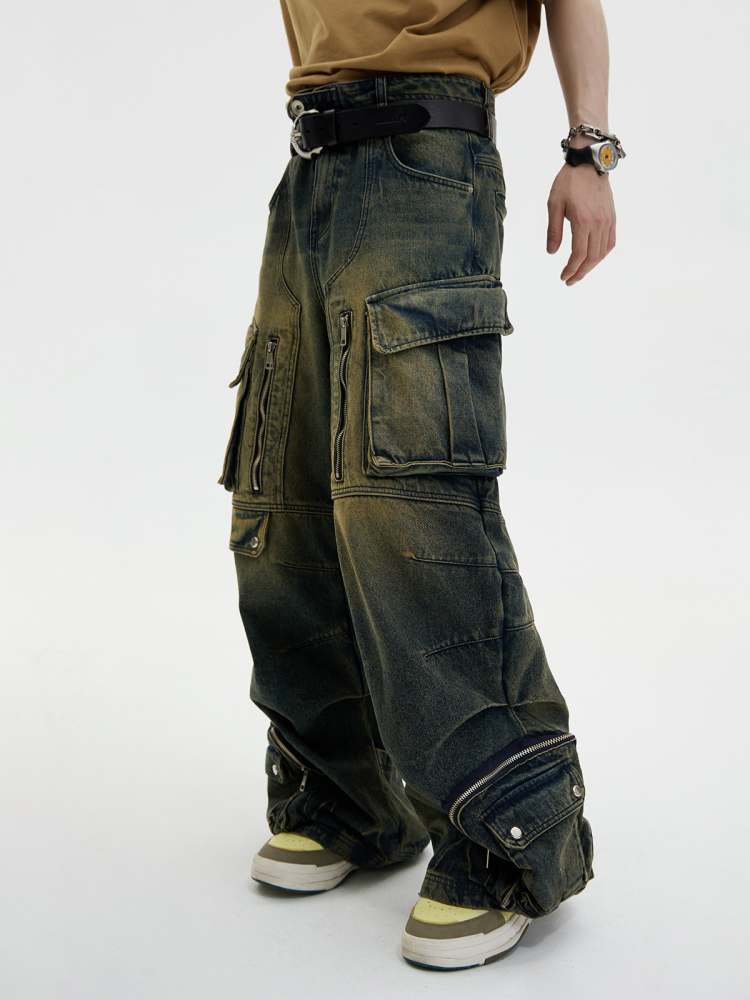 Multi Pocket Wide Leg Washed Denim Jeans【s0000006749】
