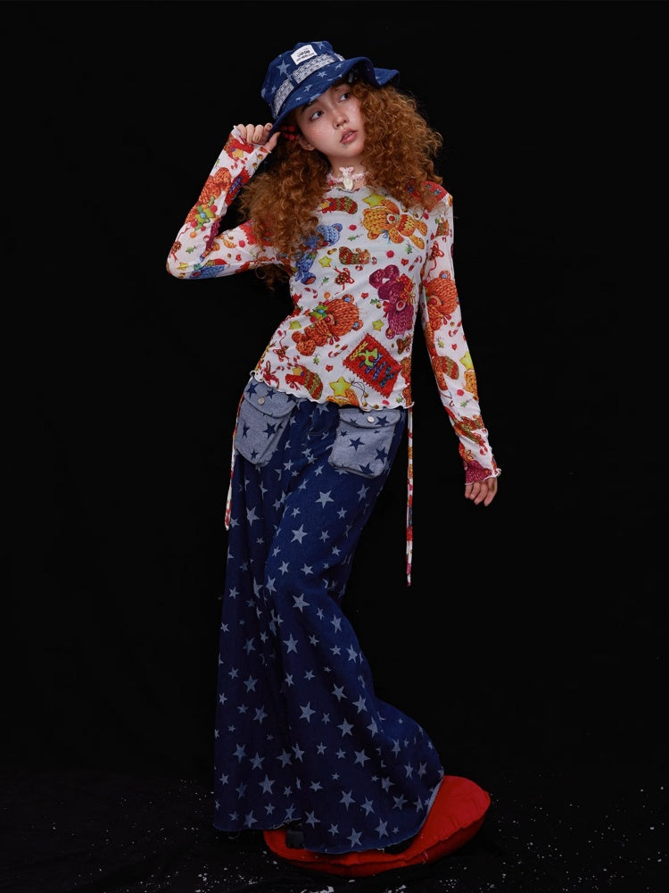 Retro Cute Y2K Star Pattern Wide Leg Loose Mop Jeans Pants [s0000003179]