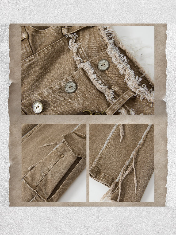 Vintage Washed Patchwork Pocket Wide-Leg Jeans【s0000018395】