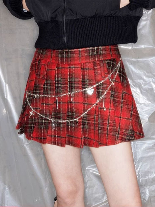 Metal Chain Red Plaid Halter Skirt【s0000005632】