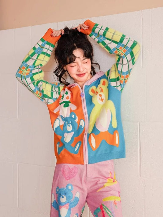 Knit Thin Cartoon Bear Plaid Sweater 【s0000006202】