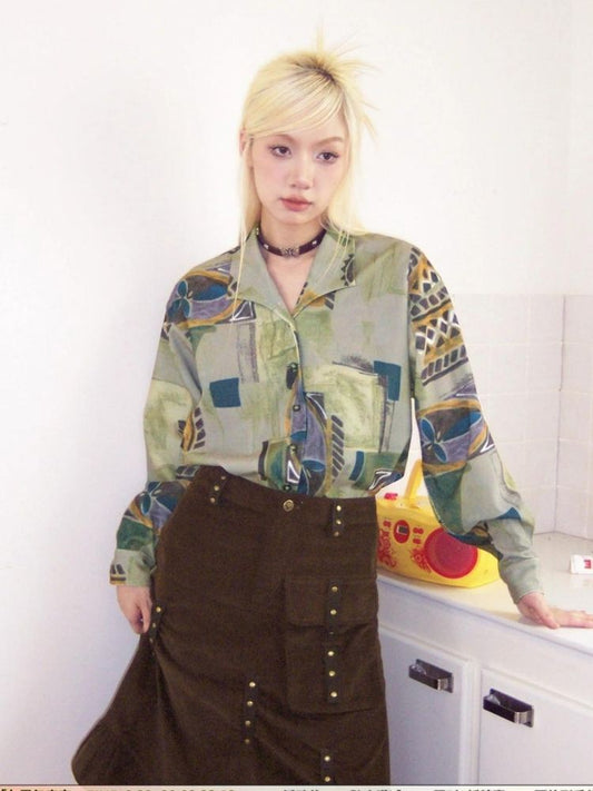 Loose slimming textured printed shirt【s0000003508】