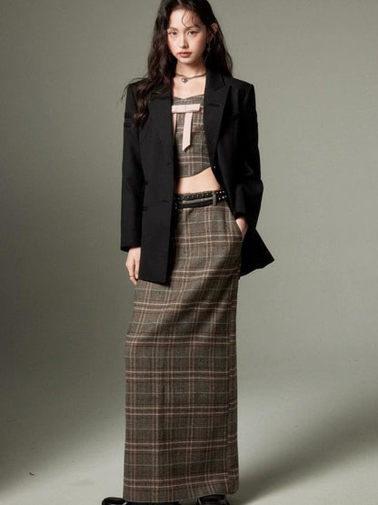 Plaid bow tube top and A-line skirt【s0000003279】