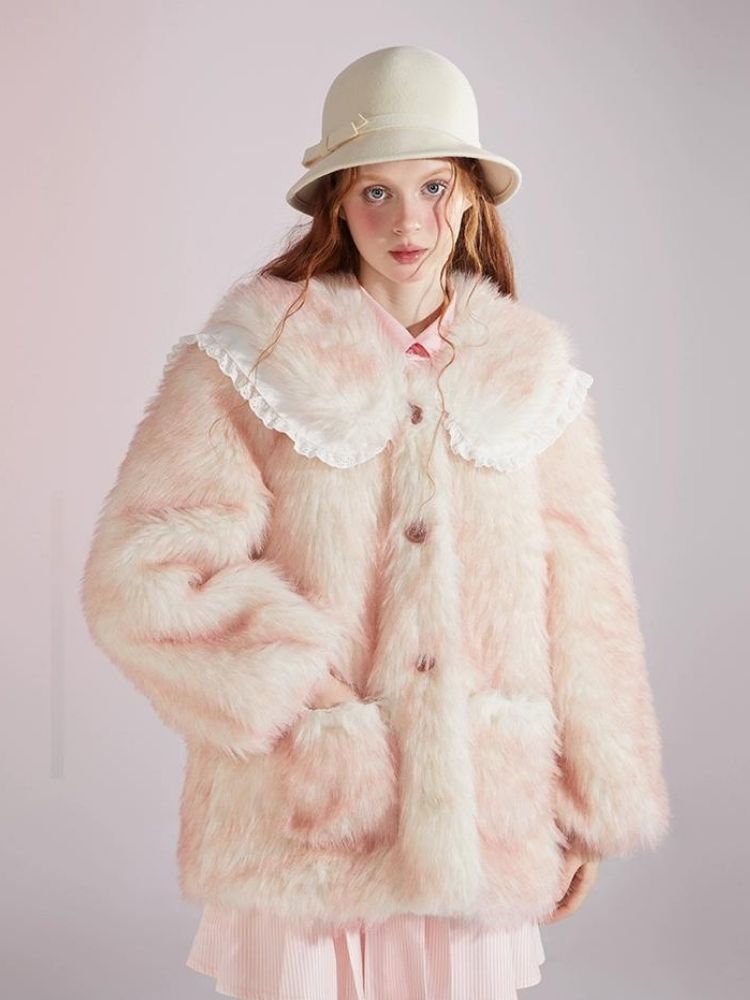 Pink and white gradient double layer collar fur coat【s0000004417】