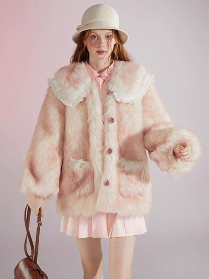 Pink and white gradient double layer collar fur coat【s0000004417】