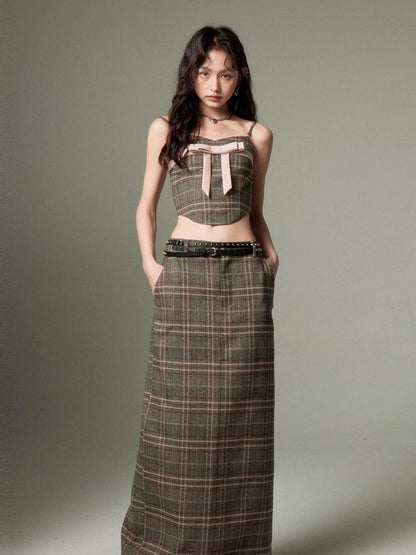 Plaid bow tube top and A-line skirt【s0000003279】