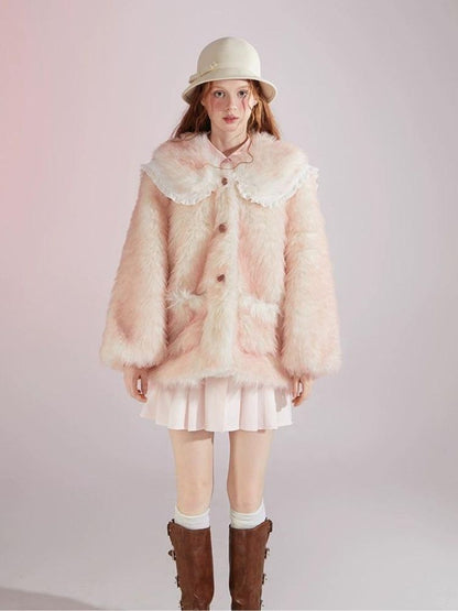 Pink and white gradient double layer collar fur coat【s0000004417】