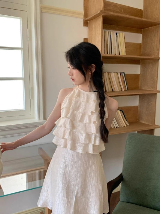 Glossy Ruffle Hanging Neck Dress【s0000007928】