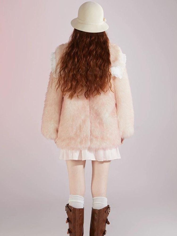 Pink and white gradient double layer collar fur coat【s0000004417】