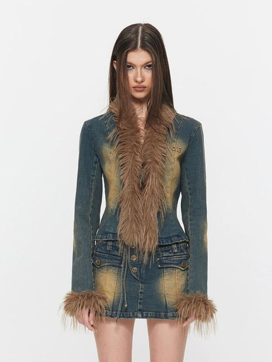Slimming denim jacket with removable fur【s0000003535】