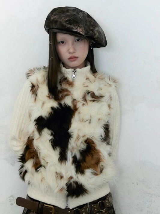 Cow Print Curly Patchwork Sweater [s0000004958]