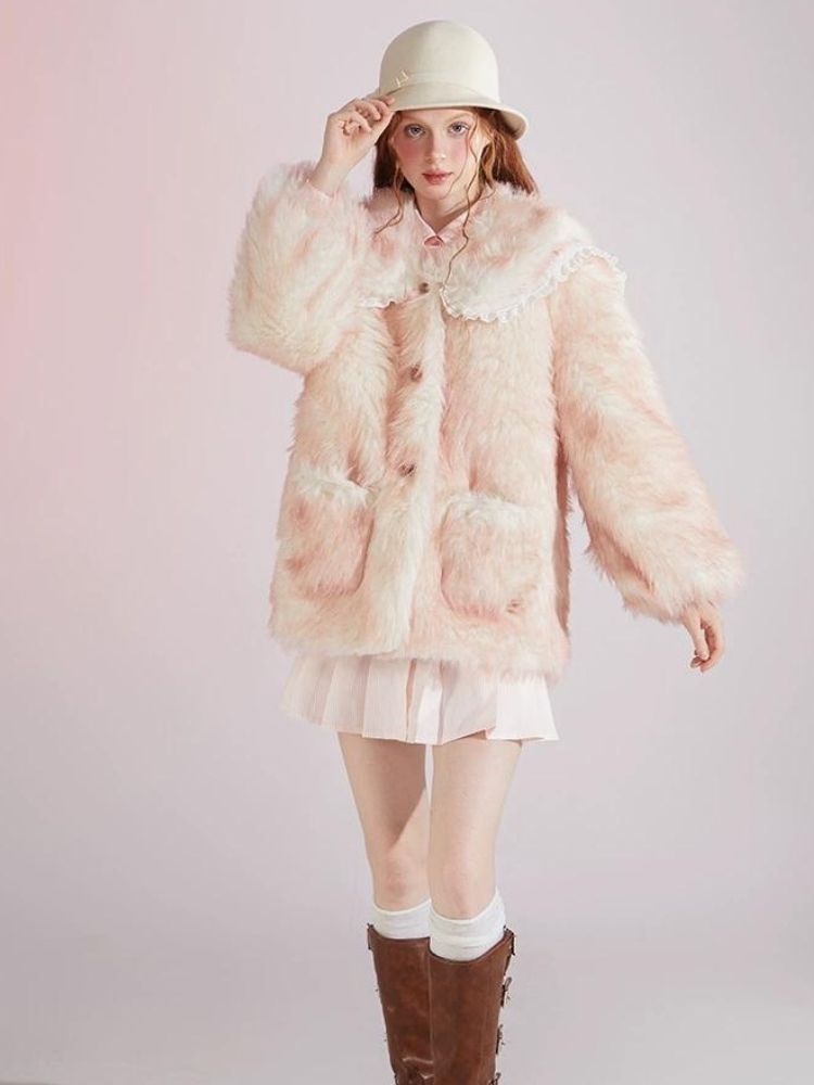 Pink and white gradient double layer collar fur coat【s0000004417】